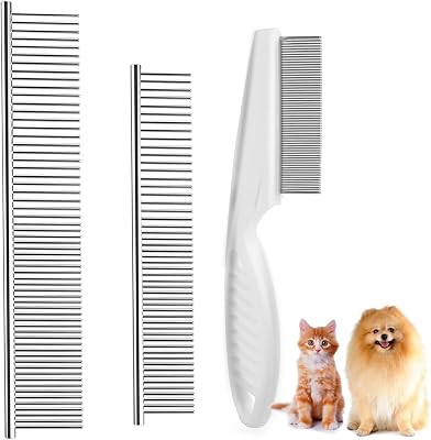 Dog Combs for Grooming, Metal Dog Comb and Flea Comb with Rounded Teeth for Removing Tangles and Knots for Long and Short Haired Dogs and Cats stainless steel