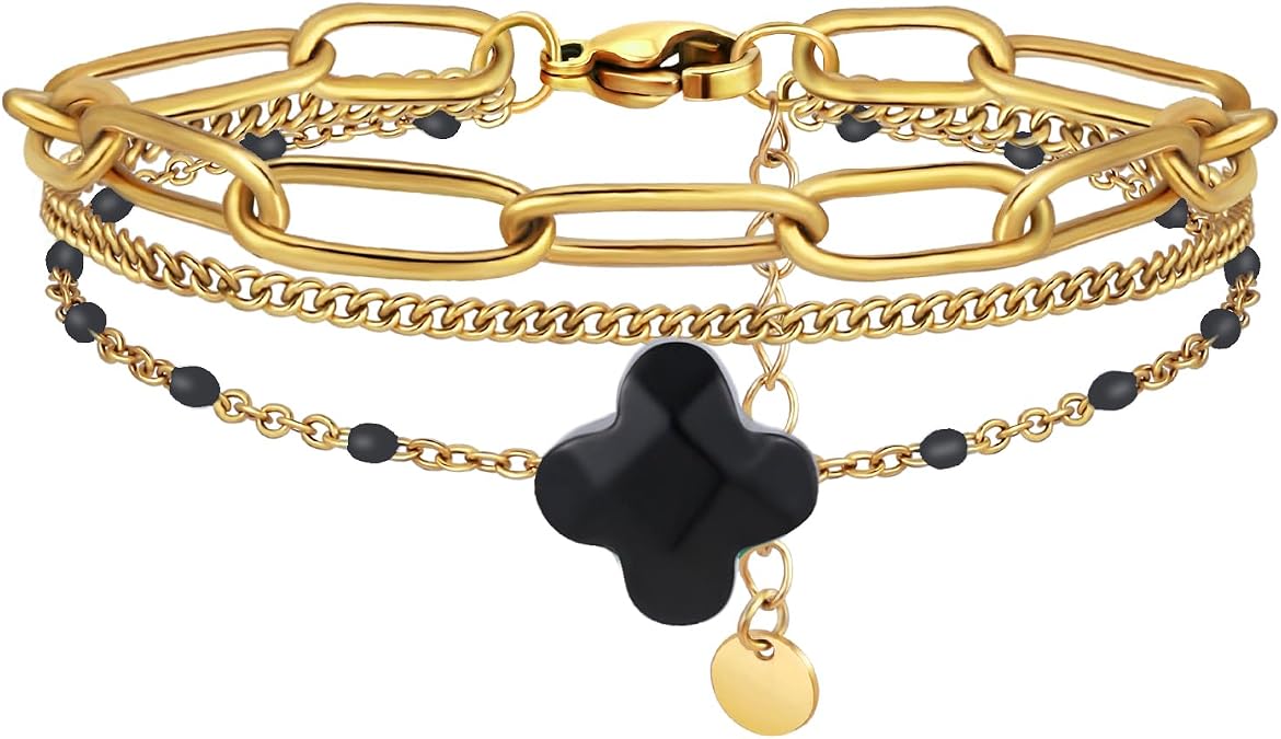 Dainty Four Leaf Clover Bracelet for Women 18K Gold Plated Stainless Steel Lucky Clover Link Bracelets Wrist Jewelry for Women