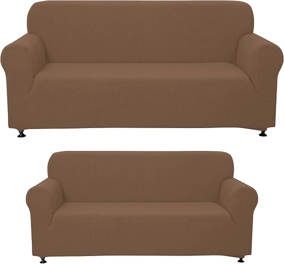 Superior Home 3-Piece SlipCover Set for Sofa Loveseat Couch Arm Chair, Form fit Stretch, Wrinkle Free, Furniture Protector Set for 3/2/1 Cushion, Polyester Spandex,3pc Slipcover Brown