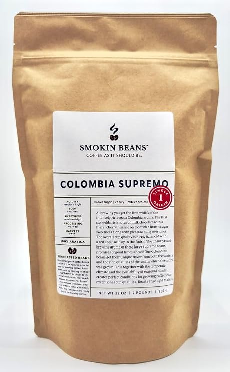 Smokin Beans Colombia Supremo Washed Unroasted Green Coffee Beans 2-Lb, 1ct