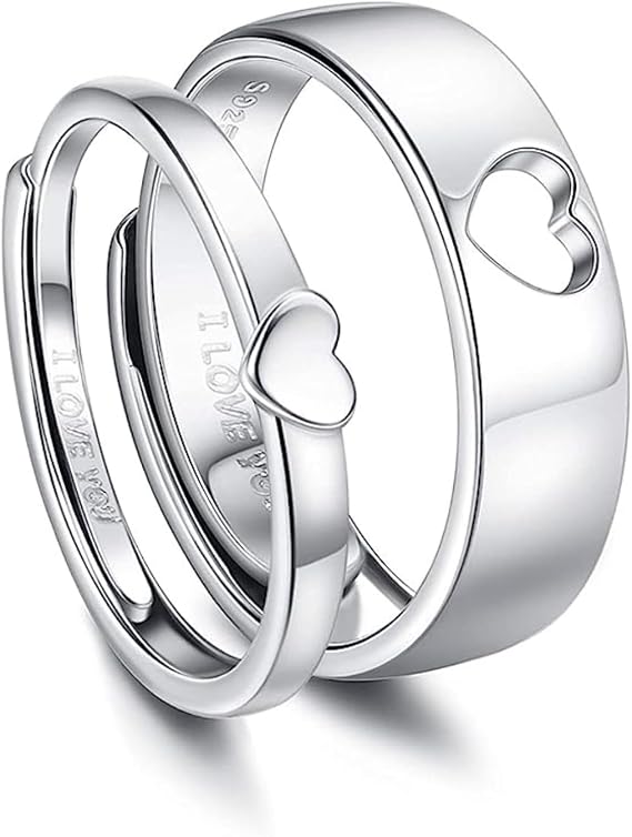 I Love You Couple Ring,Heart Hollow Ring Adjustable Silver White Copper Suitable for Him and Her Couples Promise Rings Engagement Wedding Presents
