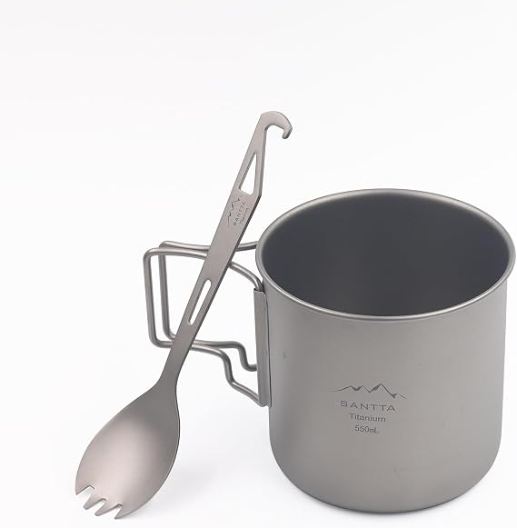 SANTTA Lightweight Portable Titanium 19oz Cup And Spork for Camping, Hiking, Backpacking and Picnic
