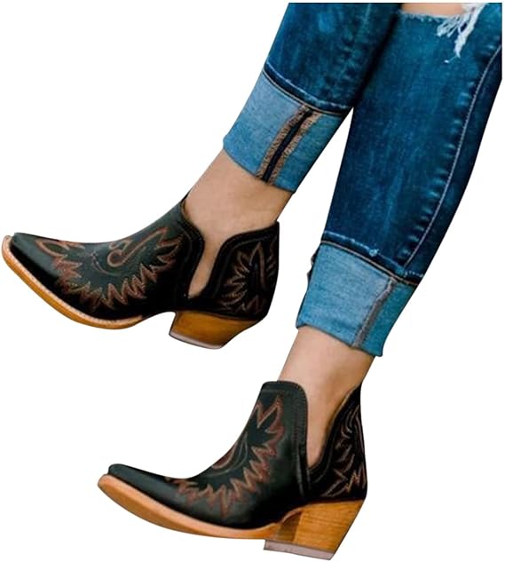 ZBYY Women's Ankle Boots Fashion Chunky Low Heels V Cutout Pointed Toe Short Winter Booties Dressy Western Shoes