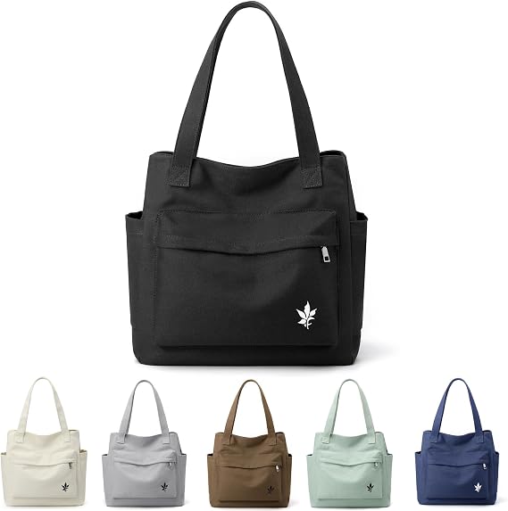 Canvas Tote Handbag Shoulder Bag with Zipper Front Back Side Pockets for Casual College Work