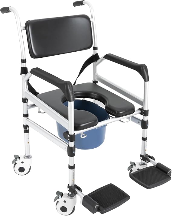Shower Chair with Wheels, 350 lbs Folding Rolling Commode Wheelchair for Toilet with Arms Bedside Wheelchair Bathroom Chairs for Elderly and Disabled, Height Adjustable Bath Commodes for Inside Shower