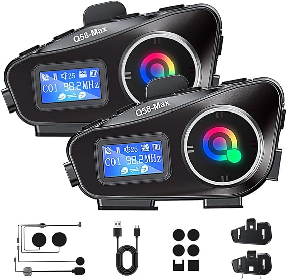 Bluetooth Motorcycle Helmet Intercom, 1500 feet Wireless Communication, Built-in Display, FM Radio, Noise Reduction, Music Sharing for 2 Riders, Waterproof, High Volume Sound Quality. 1000mAh, 2-Pack