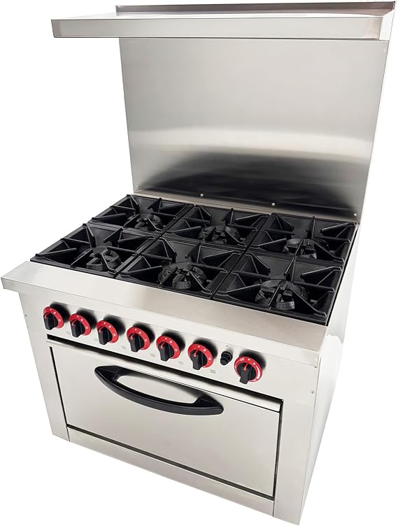 Commercial 6 Burner Gas Range with Bottom Oven - Natural Gas (178,000 BTU), Stainless Steel Stove, Oven Size 23.6"21.6"10.2", Rear Splash Guard for Restaurant/Commercial Kitchen
