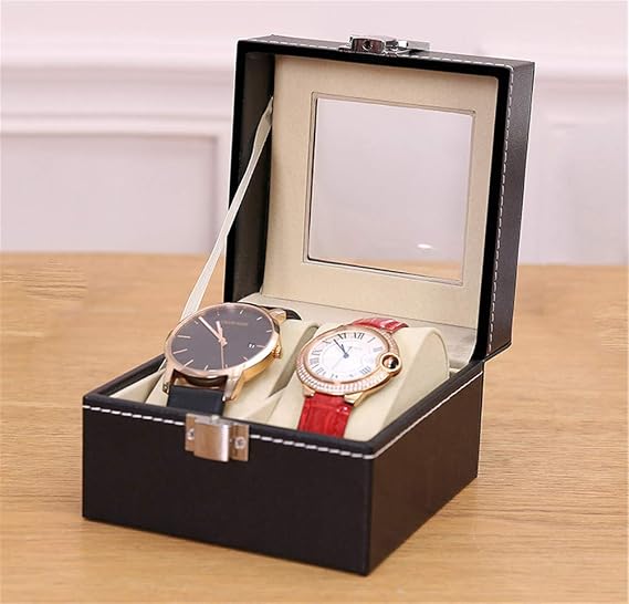Wood Watch Display Storage Holder Jewelry Organizer with Collection Case Glass Cover Bracelet Jewelry Box PU Leather Watch Box,2Bit