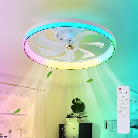 RGB Ceiling Fan LED Ceiling Fans with Lights and Remote,Dimmable Bladeless Ceiling Fans with Lamps Timing 3 Speeds Modern Fan Lights Ceiling for Bedroom Living Room (RGB) [Energy Class E]