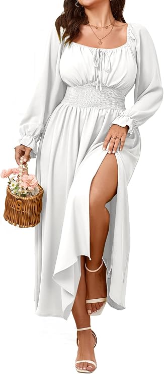 SHESTARR Women's Plus Size Dress Long Sleeve Milkmaid Dress | Long Sleeve, Smocked, Square Neck, Tie Front Split, A-Line, Casual, Vacation, Daily, Wedding Guest, Cocktail, Maxi Dress
