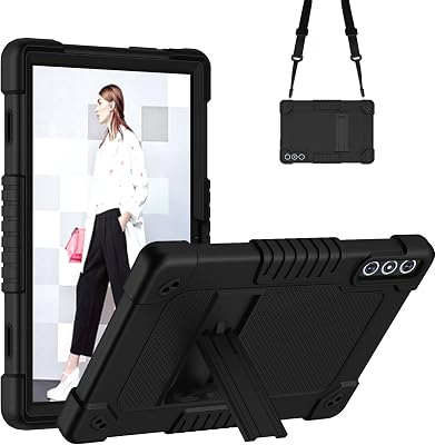 Compatible with KADYBE Model D106 10.1 inchMEIZE D106 Silicone Hard Back Hybrid Cover & Kickstand Shoulder Strap Kids Case for FEONAL 10.1 inch DMOAO D5 Tablet 2024 Black