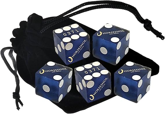 Wide Selection Authentic Las Vegas Casino Dice Craps Stick Sets with Matching Serial Numbers 5-Dice ... Plus Storage Pouch Horseshoe - Blue Frosted