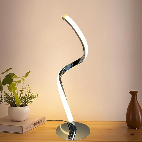 Decorative Silver Table Lamp, Miniature Bedside Lamp, 3 Color Temperature Dimmable LED Modern Simple Curved Style for Bedroom, Living Room and Office Lighting Decorative Curved Art (Chrome Silver) [Energy Class A]