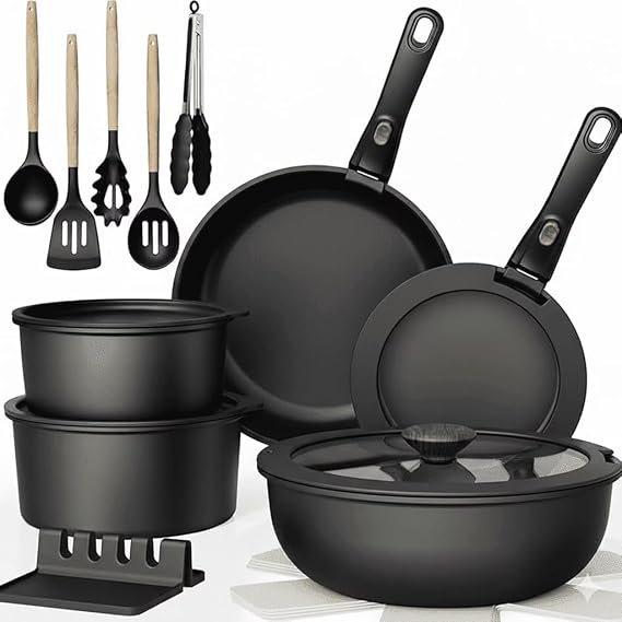 Pots and Pans Set, 21 Piece, Non Stick, Stackable RV Kitchen Cooking Set, Cookware Set with Detachable Handle, Dishwasher Safe, Oven Safe, Black