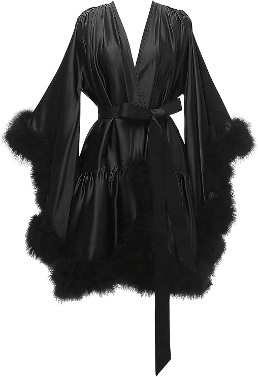 Changuan Womens Feather Robe Silk Satin Bridal Robe Wedding Dressing Gown Bridesmaid Robes Lingerie Bathrobe Sleepwear Black Small-Medium