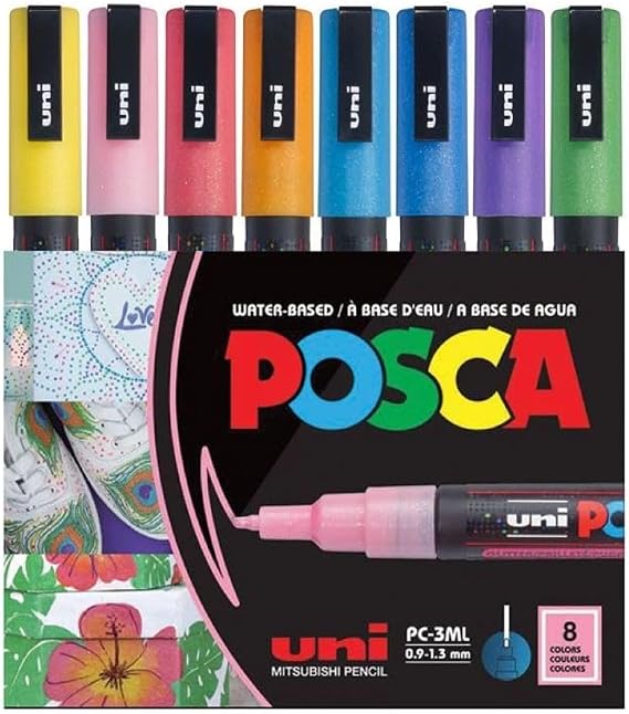 POSCA PC-3ML Glitter Paint Markers, Fine Tip (0.9-1.3mm), Assorted, 8 Pack