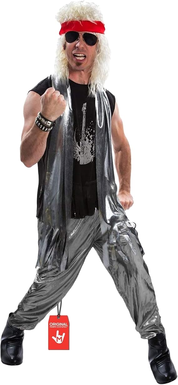 Morph 80s Rocker Costume For Men, Silver Glam Vest With Leopard Print Pants, Mens Rockstar Outfit, Glam Rocker