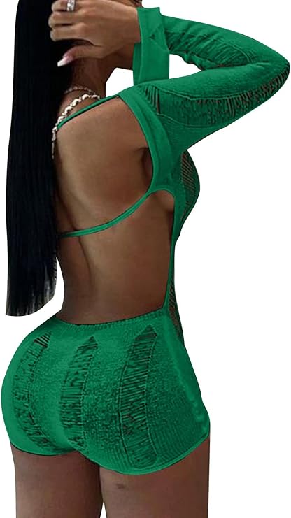 Women's Sexy Backless Rompers One Piece Long Sleeve Knitted Jumpsuit Off The Shoulder Bodycon Hollow Out Jumpsuits