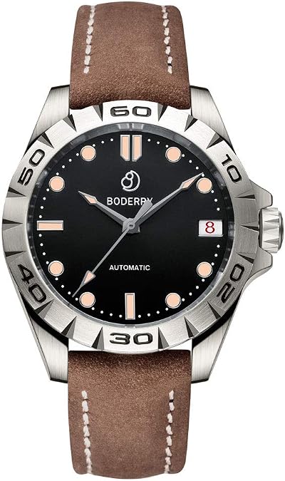 BODERRY Men's Dress Watch Casual Titanium Case Analog Automatic Mechanical Wrist Watches for Men Waterproof Outdoor Fashion Leather Wristwatch with Date Calendar 41.5MM Black