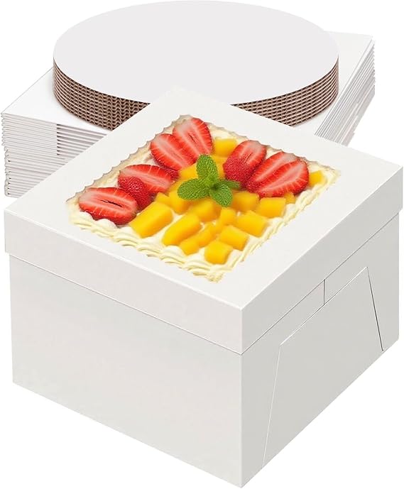 Pack of 20 Cake Boxes 25 x 25 x 20 cm High Cake Packaging Cake Plate 10 Boxes + 10 Plates - Cake Box Cake Boxes Disposable Storage Box for Bakery To-Go Cake Transport Box Cakes
