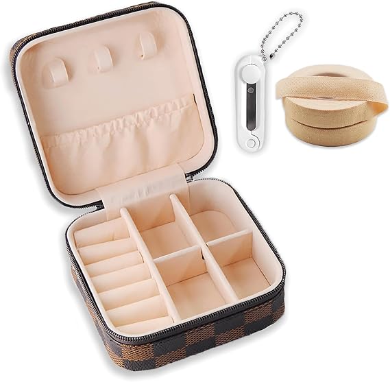 String Instrument Accessory Case for Guzheng, Pipa, Guitar with 2 Nail Tapes & Scissors, Portable PU Leather Storage Organizer (Brown Grid)