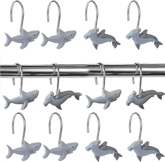 12Pcs Shower Curtain Hooks, Shark Curtain Hooks, Decorative Shower Hooks for Curtain, Rust Proof Resin Hangers for Shower Curtain, Animal Shower Curtain Hook for Home Bathroom Accessories