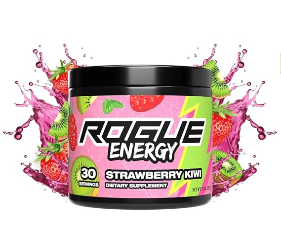 Rogue Energy Energy Drink Powder for Long Gaming Hours - Energy Powder for Mental Focus - Sugar & Gluten Free - Gaming Supplement with Caffeine & Vitamins - Made in USA (Strawberry Kiwi - 30 Servings)