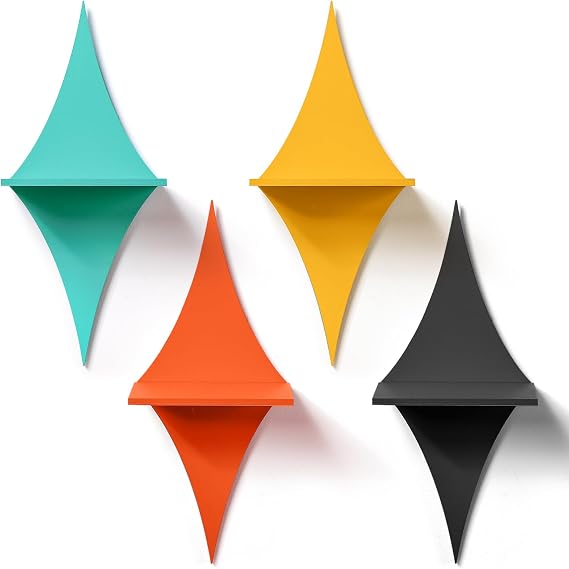 Threehoney Mid-Century Modern Wall Set of 4 Colorful Floating Display Shelves Retro Style Starburst Wall Mounted Shelves Storage for Bedroom, Living Room Decor(Rhombus)