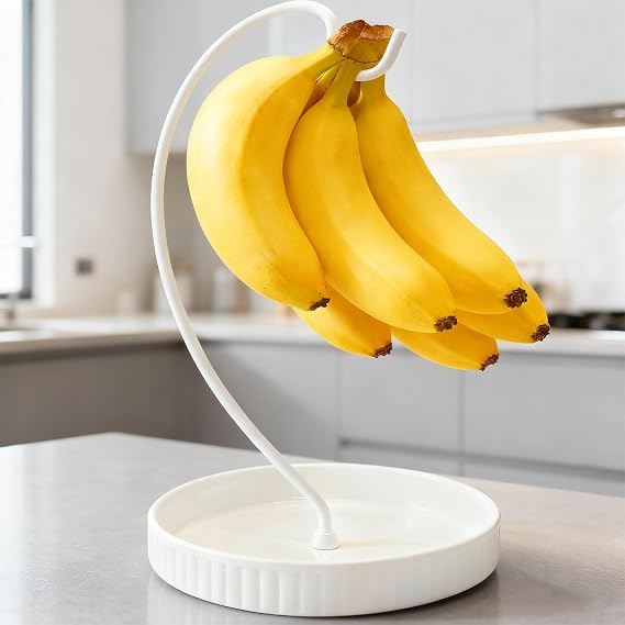 VROOMIUM Banana Holder Stand, Ceramic Bowl Easy Clean, Fruit Basket, White