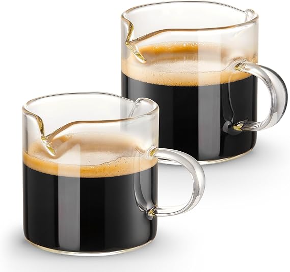 Qipecedm Espresso Cups Set of 2, 4 OZ Double Spouts Cups, Shot Glasses, Milk Cup with Handle, Clear Glass, Espresso Accessories for Machine, Small