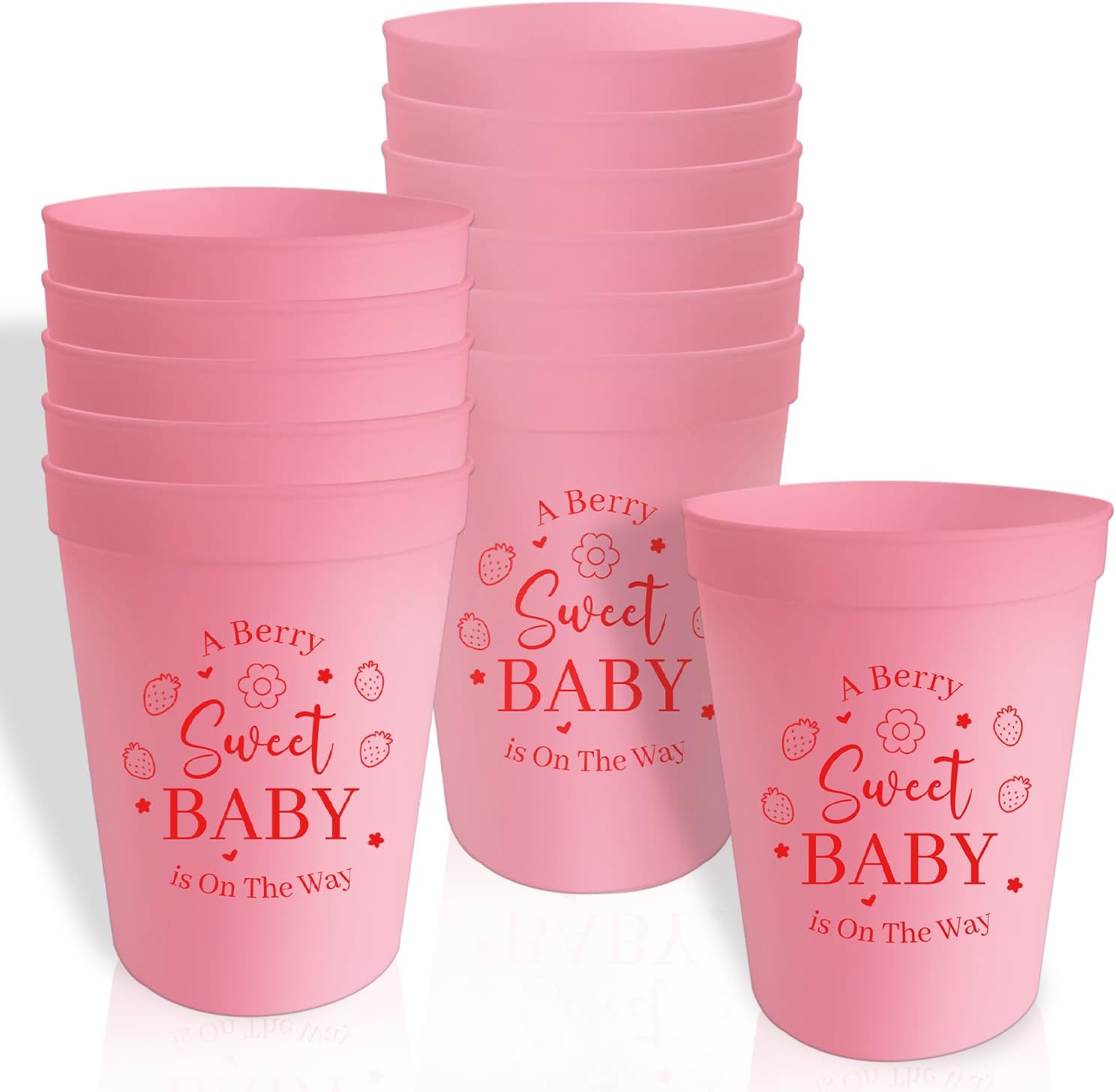 Usumz Berry Sweet Baby Plastic Cups A Berry Sweet Baby Is on the Way Decorations 16oz Pink Strawberry 1st Birthday Reusable Cups 12Pcs
