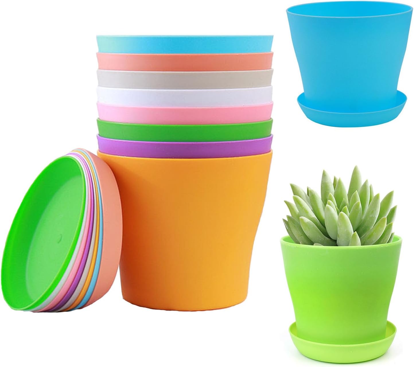 10 Pcs Plastic Planters Pots, 8 Colours Mini Flower Seedlings Pots with Drainage Hole and Saucer, Classic Indoor Outdoor Plant Pots for Orchid, Lily, Spider Plant, Snake Plant and All House Plants