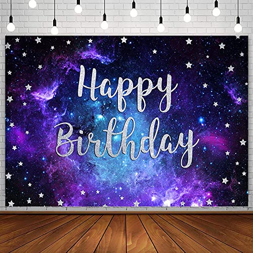SENDY 7x5ft Starry Sky Happy Birthday Backdrop Outer Space Birthday Party Decorations Supplies for Boy Universe Galaxy Planet Blue Purple Pilot Bday Photography Background Banner Cake Table Props