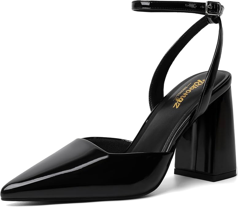 RIBONGZ Block Heels for Women Closed Pointed Toe Heeled Slingback Chunky High Heel Ankle Strap Pumps Patent Leather Comfort Dressy Shoes for Work Party Prom Wedding Bridal Dress