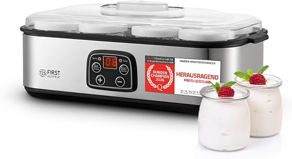 TZS First Austria - Yoghurt Maker 25 W with 8 Glass Containers of 180 ml for up to 1.4 L Homemade Yogurt Maker with Temperature 20-55 °C Automatic Shut-Off and LCD Display - Yoghurt Machine White