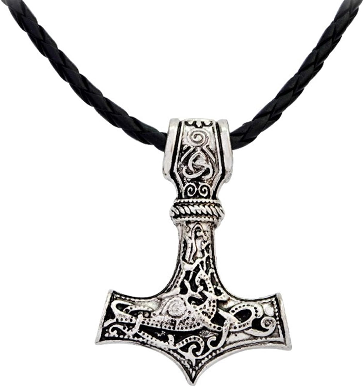QEPOL Men Viking Leather Norse Thor's Hammer Mjolnir Celtic Knot Pendant Necklace Jewelry Scandinavian Hand Carved Skull Head Antique Silver Chain Raven Ladies Nordic Rune Talisman Saxon