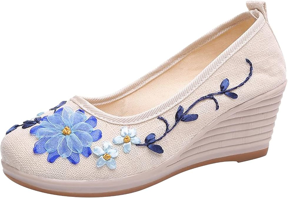 Women Vintage Flower Embroidered Platform Wedge Ballet Flats Slip On Pumps Shoes Women's Closed Toe Espadrilles Sandals Floral Chunky Wedges Pump Beach Vacation Bohemian Dress Shoes