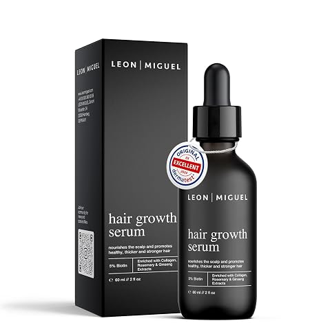 Leon Miguel Hair Growth Serum - Biotin 5% & Ginseng für schnelleres Haarwachstum - Stoppe Haarausfall Stärkeres & Dickeres Haar Anti-Haarausfall Serum für Männer & Frauen - Vegan Parabenfrei 60 ml