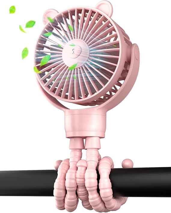 buywoo Portable Stroller Mini Fan, Small Rechargeable Personal Cooler w/ 360 Rotation, Baby Essentials for Car Seat, Crib, Bike, Treadmill, 3-Speed Battery Powered Stroller Accessories, Pink