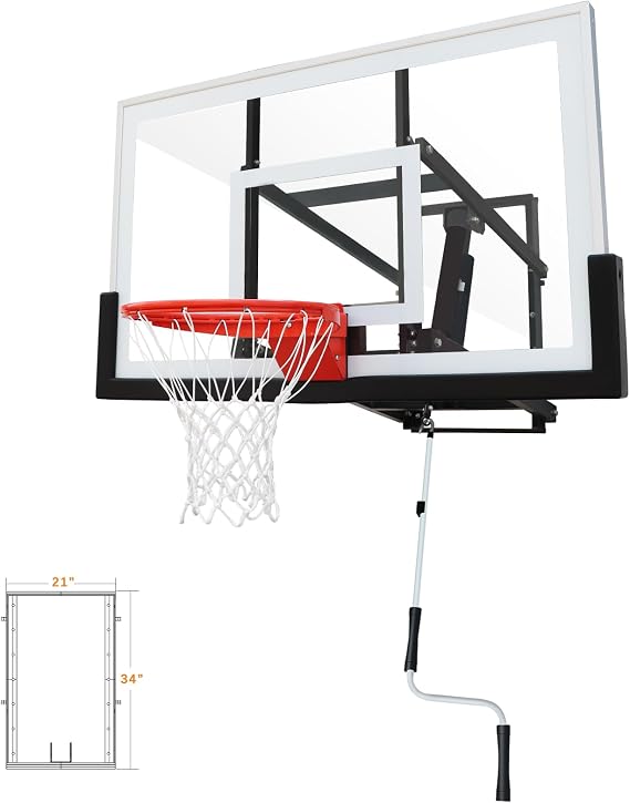 Basketball Hoop Garage Wall Mounted Adjustable-Height, with 60''x36''Tempered Glass Backboard, Pro-Style Breakaway Rim, Durable Bracket and All Weather Net