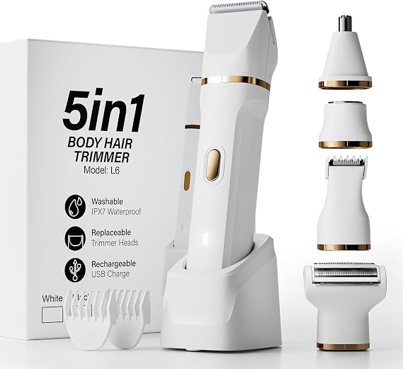 Electric Razors for Women, Valentines Day Gifts 5-in-1 Wet/Dry Bikini Trimmer with USB Charge Dock, Deluxe Facial Hair Removal, Wet/Dry Body Shaver for Nose Eyebrows Beard Underarm Leg Arm (White)