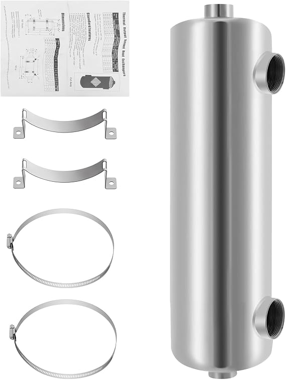 Swimming Pool Heat Exchanger, 200kBtu/hour 1"+1 1/2" FPT 304 Stainless Steel Tube, for Spas, Hot Tubs, Solar Power, Hydraulic Heating