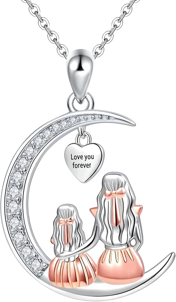 Mum Gifts Sterling Silver Mother Daughter Necklace Cubic Zirconia Moon Necklace Birthday Mothers Day Love You Forever