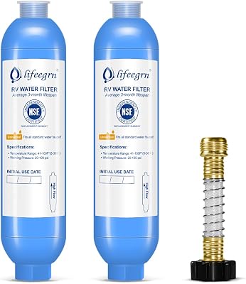 lifeegrn RV Water Filter with Hose Protector, Inline Water Filter, Reduces Bad Taste, Odors, Chlorine and Sediment in Drinking Water, Blue2 Packs