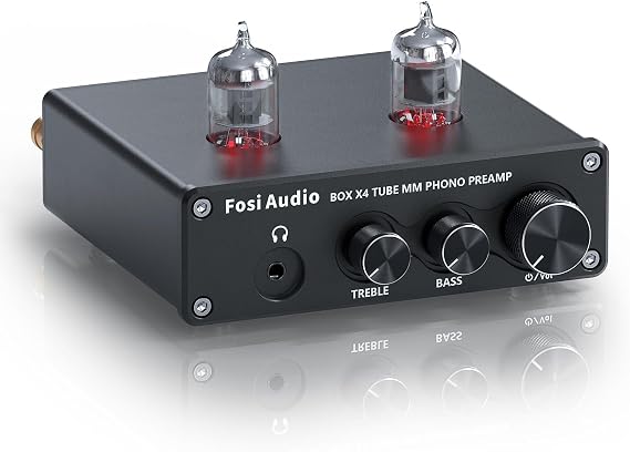 Fosi Audio Box X4 Phono Preamp with Vacuum Tubes for MM Turntable Phonograph Record Player with Volume Bass Treble Control