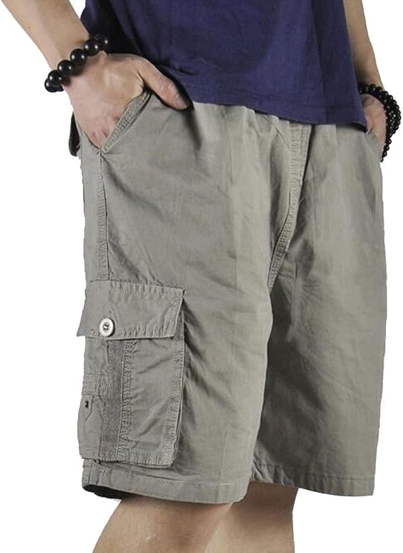 Mens Cotton Loose Drawstring Cargo Short with Full Elastic Waist