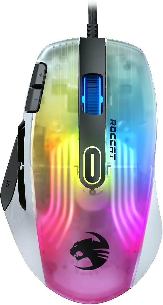ROCCAT Kone XP Wired Gaming Mouse, White/White, Optical/19K/Optical Switch/Multi-Buttons/3.9 oz 104 g, 4D Wheel/PTFE/RGB/Reflex/MMO, German Design