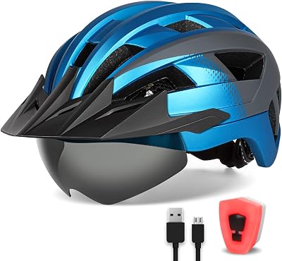 Adult Bike Helmet with Visor and Goggles for Men Women Mountain Road Bicycle Helmet Rechargeable Rear Light Cycling Helmet