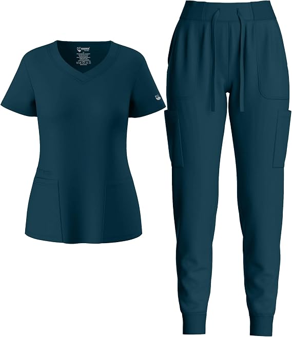 Womens' Scrubs Set, Women Stretch V Neck Top & Jogger Scrub Pants