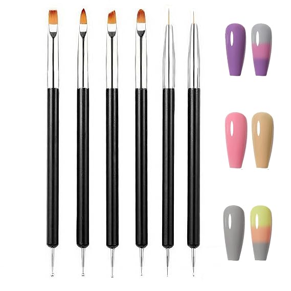 FULINJOY 6PCS Double-Ended Nail Art Brush Kit For Gel Polish, Liner, Drawing, Dotting and Detailing - Professional Nail Art Design Pen And Paint Brushes Set